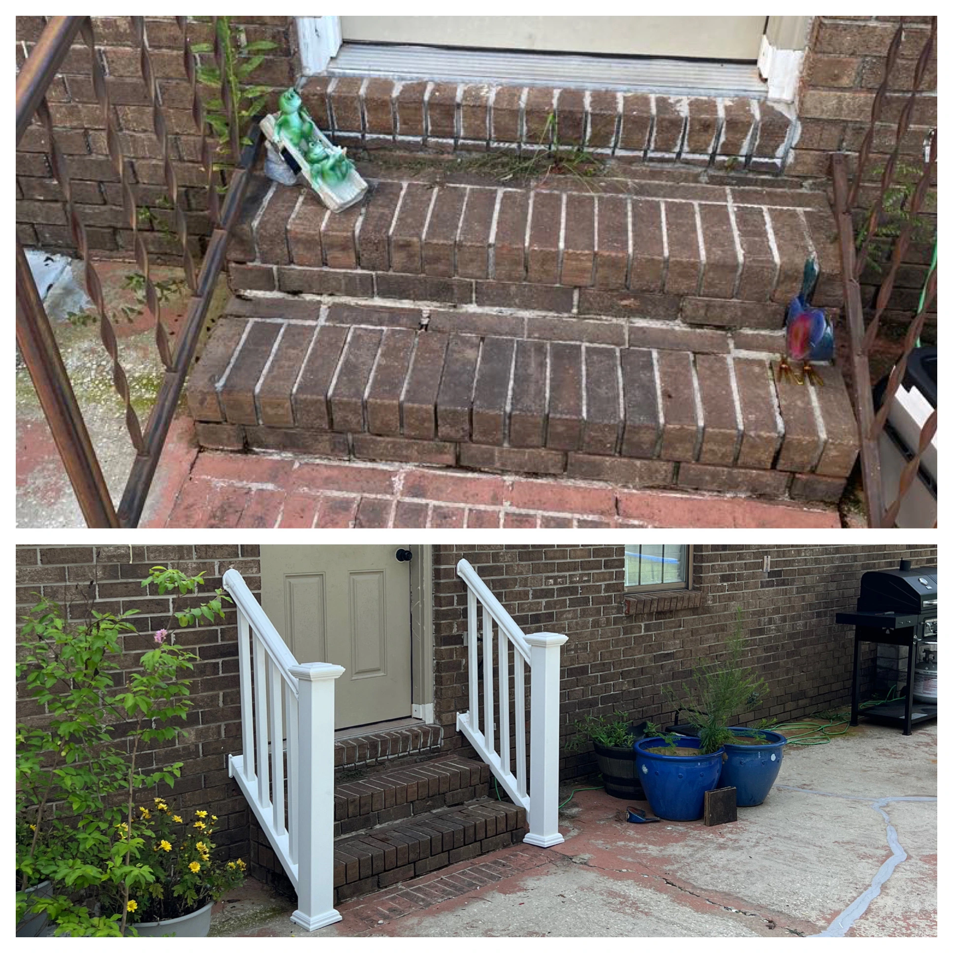 White stair railing install on brick stoop